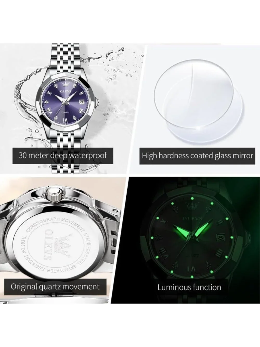 Women's Purple Diamond Silver Stainless Steel Waterproof Elegant Luxury Watch